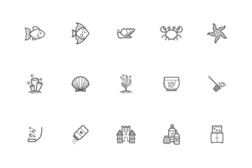 Aquarium equipment linear web icons set. Vector outline pet shop pictograms collection. Pack for online store with signs of fish care, cute snail, algae, coral, starfish, crab and seashell