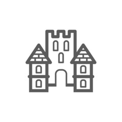 Vector linear castle with tower icon. Isolated emblem with a palace on a white background. Outline sign for web