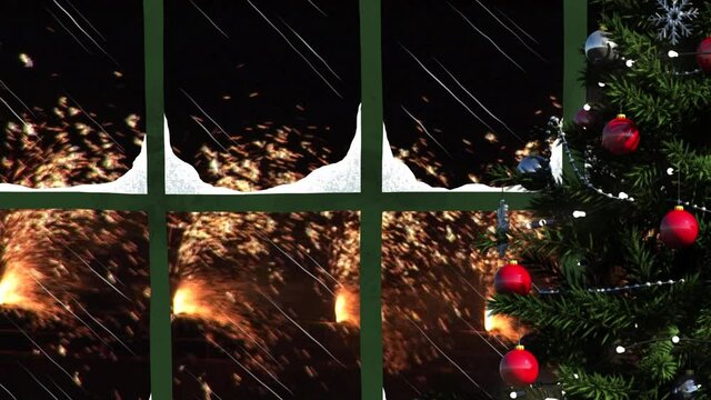 Christmas tree and window frame over light sparks falling against black background