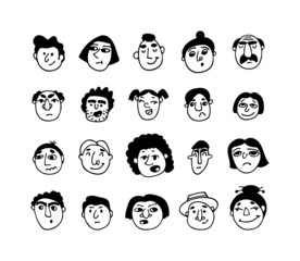 Round abstract comic vector faces with various emotions. Different black outline characters isolated on white background. Hand drawn trendy illustration cartoon style.