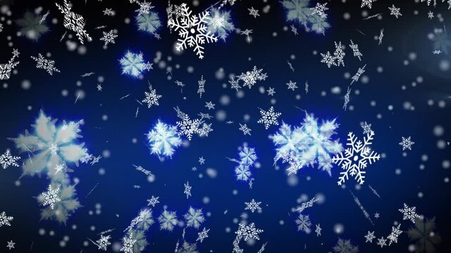 Digital animation of snowflakes and white spots falling against blue background