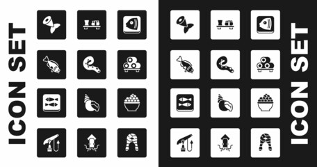 Set Fish head, Octopus of tentacle, tail, Sushi on cutting board, Caviar and Canned fish icon. Vector