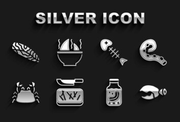 Set Cutting board and knife, Octopus of tentacle, Lobster or crab claw, Sea cucumber jar, Crab, Fish skeleton, steak and Shark fin soup icon. Vector