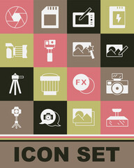 Set Softbox light, Photo camera with flash, retouching, Graphic tablet, Action, Camera shutter and icon. Vector