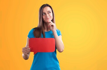 Photo of optimistic young lady hold like icon