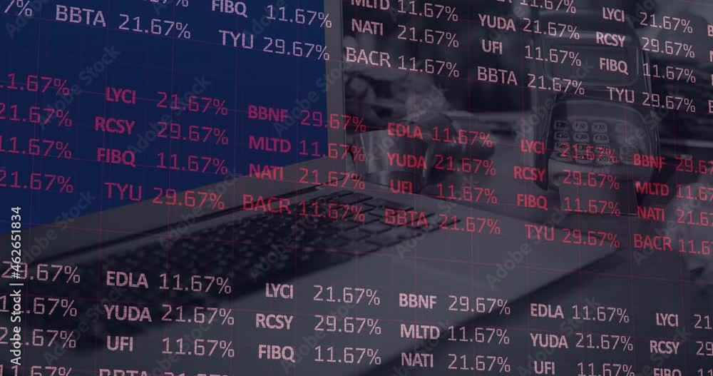 Poster animation of financial data processing over laptop and payment terminal