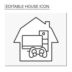  Home line icon. Play room. Computer and joystick for playing games. Furnished home.House concept. Isolated vector illustration. Editable stroke