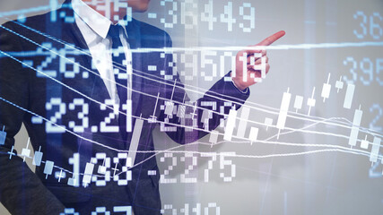 Double exposure of young business man and digital number of stock market background to represent successful in investment marketing. Find out the best solution in business and financial as concept.	
