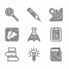 Set Test tube and flask, Light bulb, Book, Exam sheet with check mark, Paper airplane, clip and Unknown search icon. Vector