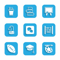 Set Speech bubble chat, Graduation cap, Paint brush with palette, Abacus, American football ball, Table lamp, Chalkboard and Pencil case stationery icon. Vector