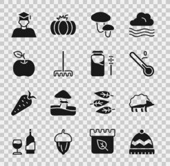 Set Winter hat, Hedgehog, Meteorology thermometer, Mushroom, Garden rake, Apple, Graduate and graduation cap and Jar of honey dipper stick icon. Vector