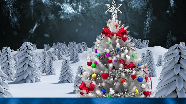 Animation of christmas tree with snow falling and winter scenery