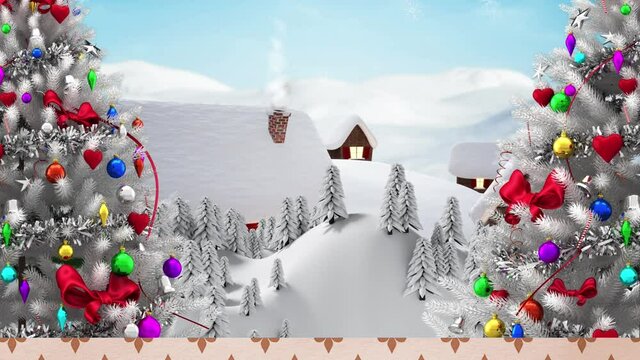 Animation of christmas trees with snow falling and winter scenery