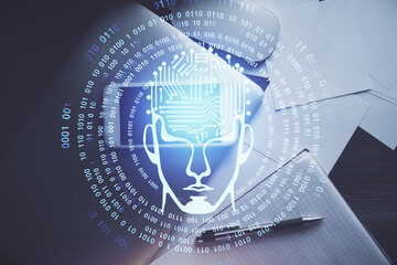 Double exposure of brain drawing over work table desktop. Top view. Global data analysis concept.