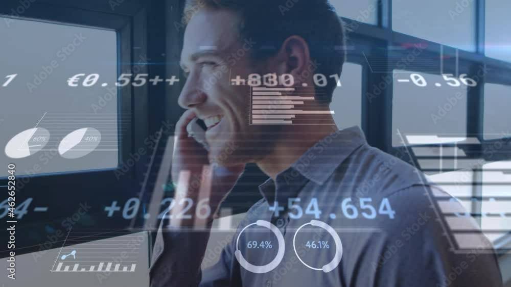 Poster animation of financial data processing over businessman using smartphone