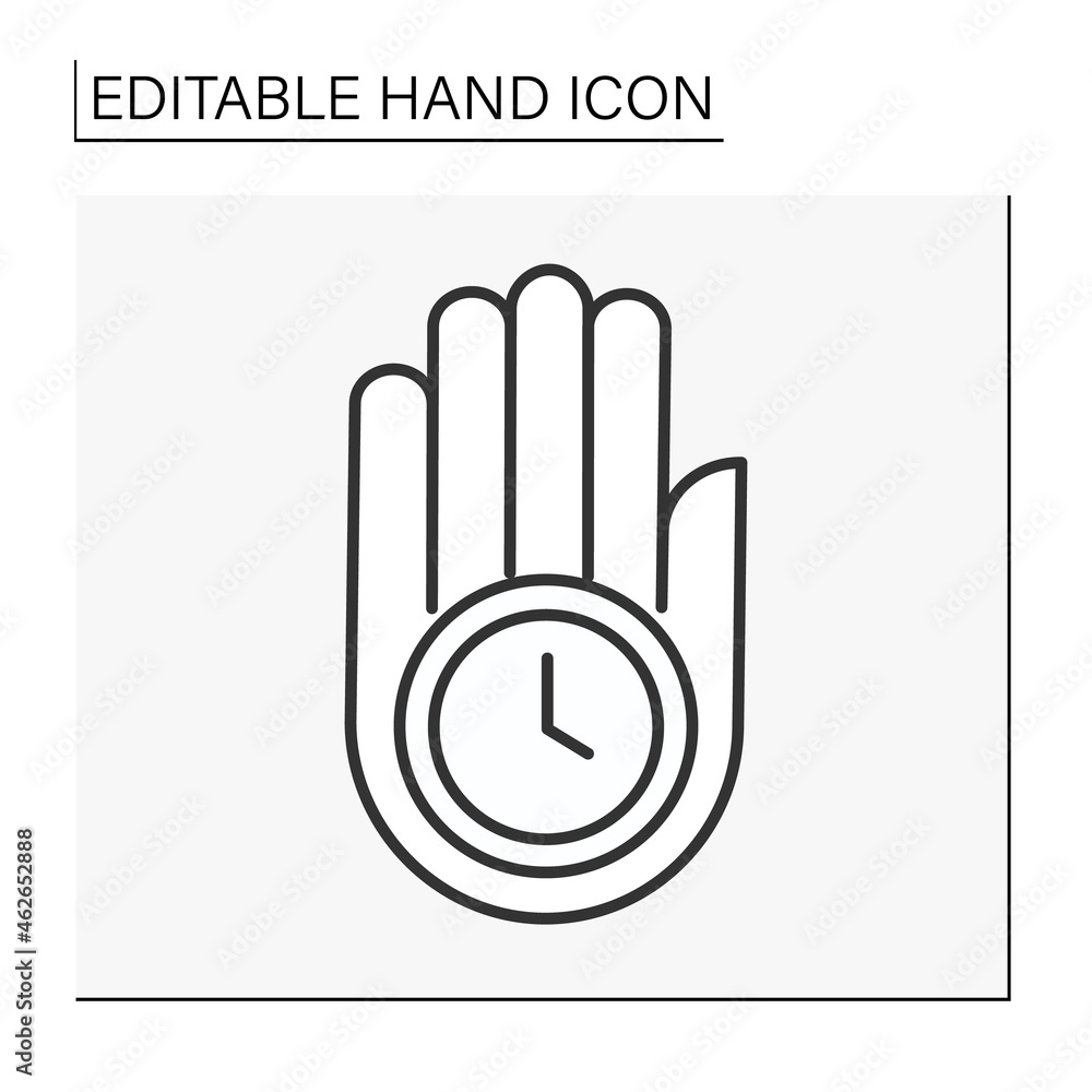 Poster hand with clock line icon. clock on hand. limited time. hand concept. isolated vector illustration. 