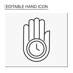 Hand with clock line icon. Clock on hand. Limited time. Hand concept. Isolated vector illustration. Editable stroke