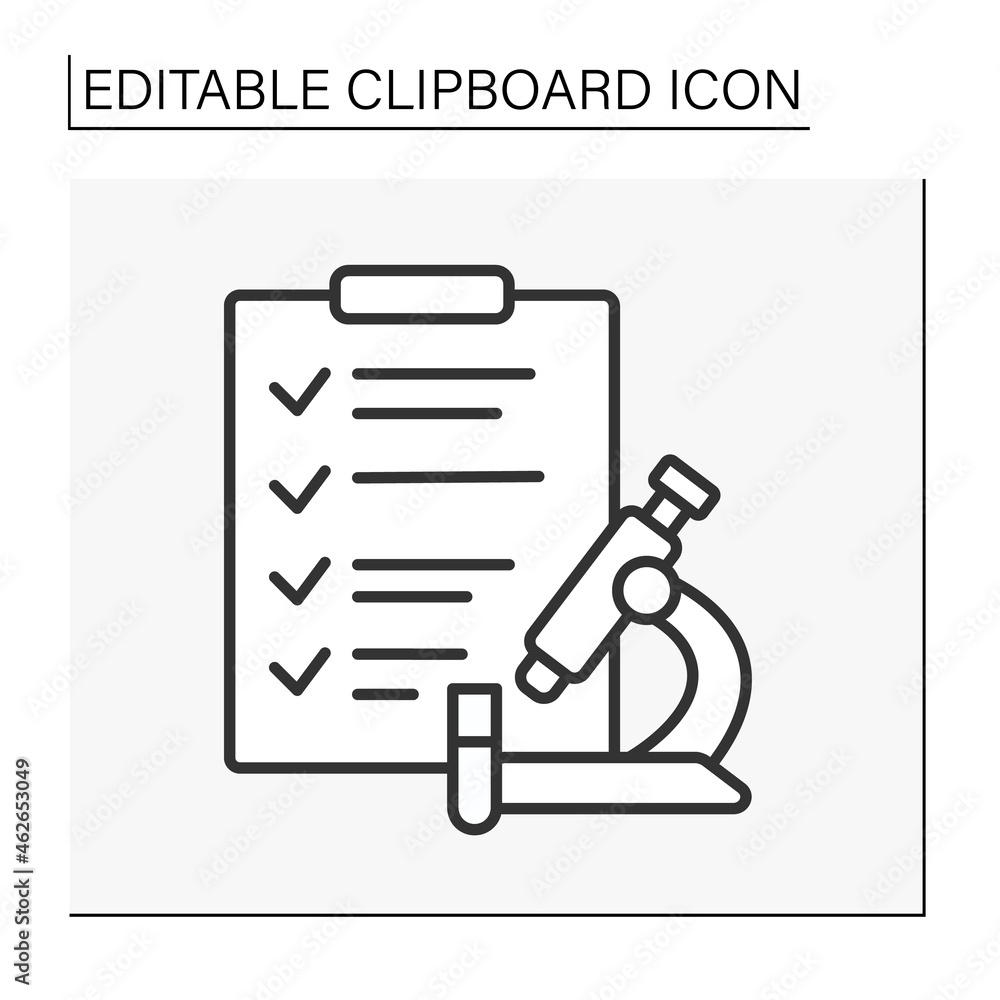 Poster research line icon. analysis of bio material by microscope.medicine concept. isolated vector illustr