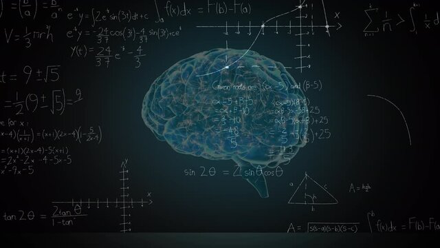 Animation of human brain spinning over mathematical equations on black board