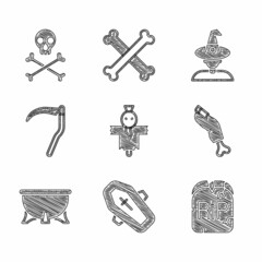 Set Scarecrow, Coffin with cross, Tombstone RIP written, Zombie finger, Halloween witch cauldron, Scythe, Witch and Skull crossbones icon. Vector