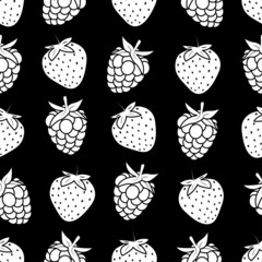 Seamless pattern with black and white strawberries and raspberries on black background. Vector illustration for girls fabric, textile or wrapping paper.
