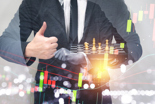 Double exposure of young business man and digital number of stock market background to represent successful in investment marketing. Find out the best solution in business and financial as concept.	

