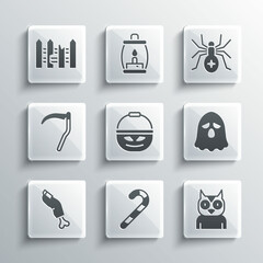 Set Christmas candy cane, Owl bird, Ghost, Pumpkin basket for sweets, Zombie finger, Scythe, Garden fence wooden and Spider icon. Vector