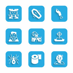 Set Castle, fortress, Toilet paper roll, Zombie mask, Tombstone with cross, Spider, Vampire, finger and Witch icon. Vector