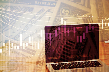 Double exposure of young business man and digital number of stock market background to represent successful in investment marketing. Find out the best solution in business and financial as concept.