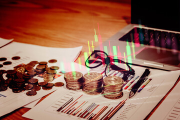 Fundamental and technical analysis for professional technical trading as concept. Digital graph of financial instruments with some indicators including of MACD. EMA and the volume analysis.