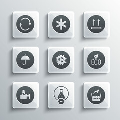 Set Test tube and flask, Hand wash laundry, Leaf Eco symbol, Bomb explosion, Factory production, Delivery package with umbrella, Recycle and Temperature icon. Vector