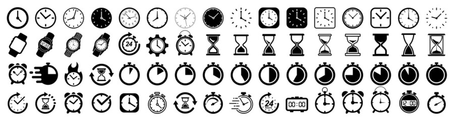 Clock icon set. hourglass icon. stopwatch symbol. sandglass time. watch icon. Timers icon. countdown Timer. vector illustration - obrazy, fototapety, plakaty