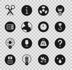 Set Water drop, Unknown search, Industrial hook, Radioactive, Worldwide, Microwave oven, Scissors with cut line and Clock icon. Vector