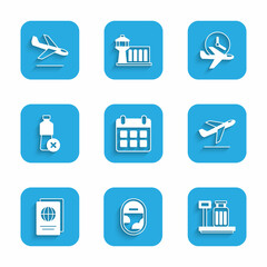 Set Calendar and airplane, Airplane window, Scale with suitcase, Plane takeoff, Passport, No water bottle, Flight time and landing icon. Vector