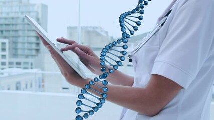 Animation of dna strand spinning over female doctor using tablet - Powered by Adobe