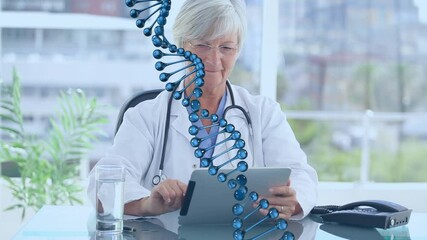 Animation of dna strand spinning over female doctor using tablet - Powered by Adobe
