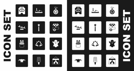 Set Unicycle or one wheel bicycle, Magic wand, Seesaw, Circus ticket, Fast street food cart, Bumper, Ghost and Magician hat rabbit ears icon. Vector © Kostiantyn