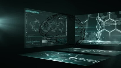 Animation of human brain spinning over screens with scientific data processing