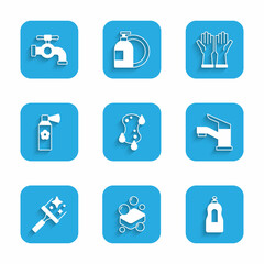 Set Sponge, Bar of soap, Dishwashing liquid bottle, Water tap, Rubber cleaner for windows, Air freshener spray, gloves and icon. Vector