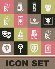 Set Psychology, Psi, Man graves funeral sorrow, Rorschach test, Old hourglass, Psychologist online, Head with heart, question mark and icon. Vector