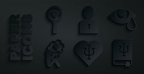 Set Psychology, Psi, Tear cry eye, Helping hand, book,, Solution to the problem and Broken heart or divorce icon. Vector