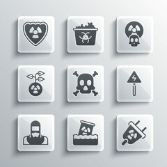 Set Radioactive waste in barrel, Radiation electrical plug, High voltage sign, Bones and skull warning, Nuclear reactor worker, shield and icon. Vector