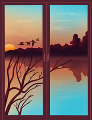 A view from the window of a beautiful landscape of sunset or sunrise with trees along the river or lake and flying birds. Trees are reflected in the water. Wildlife panorama.