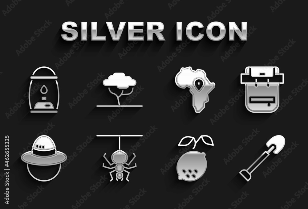 Wall mural set spider, hiking backpack, shovel, lemon, camping hat, map of africa, lantern and african tree ico