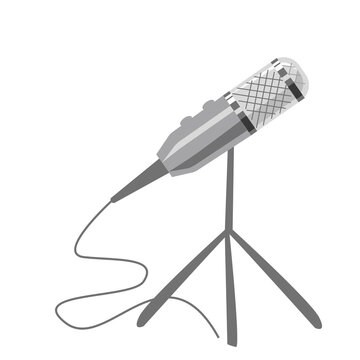 One grey microphone on a podcast stand. Vector illustration in cartoon style on a white background