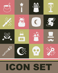 Set Old magic key, Magician, scroll, hat and rabbit ears, Witch cauldron, wand, and Moon stars icon. Vector