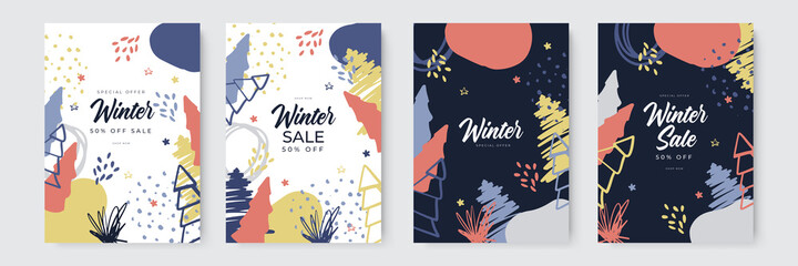 Obraz na płótnie Canvas Winter sale and merry Christmas greeting cards with hand drawn and organic style. Trendy abstract Winter Holidays art templates. Suitable for social media, mobile apps, banner design and web ads.