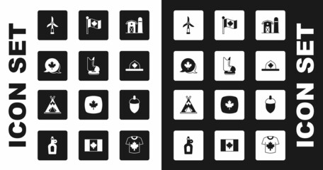 Set Farm house, Skates, Canadian maple leaf, Wind turbine, ranger hat, Flag of Canada, Acorn and Indian teepee wigwam icon. Vector