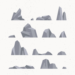 Rocks and stones vector collection. Different isolated boulders for game art, background design, mountains, minerals, geology concepts. Flat style illustration.