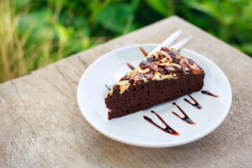 Fresh brownie cake topped with cashew nuts on wood table in the garden